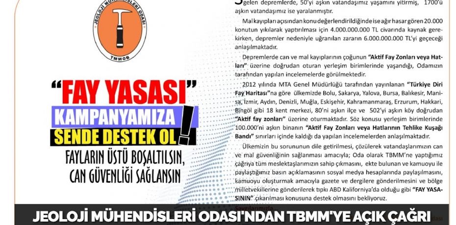 JEOLOJİ MÜHENDİSLERİ ODASI'NDAN TBMM'YE AÇIK ÇAĞRI